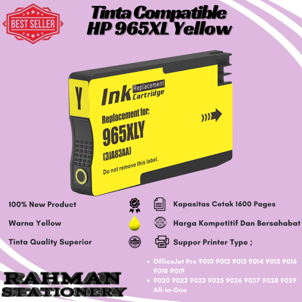 Cartridge Tinta 965XL 965 Printer OfficeJet Pro 9010 9018 Plus Chip - 965XL Yellow