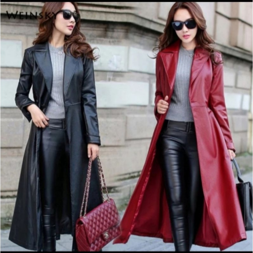 mantel kulit wanita/jaket panjang semi kulit/jaket musim dingin kerah lengan panjang khalifa terbaru