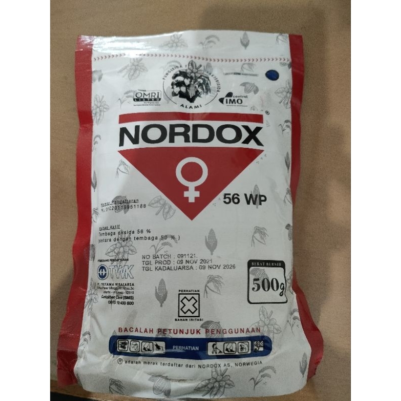 NORDOX 56WP 500 GRAM fungisida untuk mengendalikan penyakit busuk buah pada tanaman kakao, pada daun