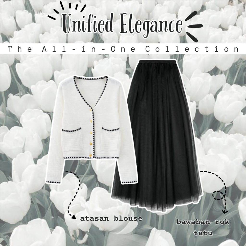 One Set Wanita Kekinian Ootd Blazer Blouse Korean Style Putih | Rok Tutu Tut le Hitam | 079A