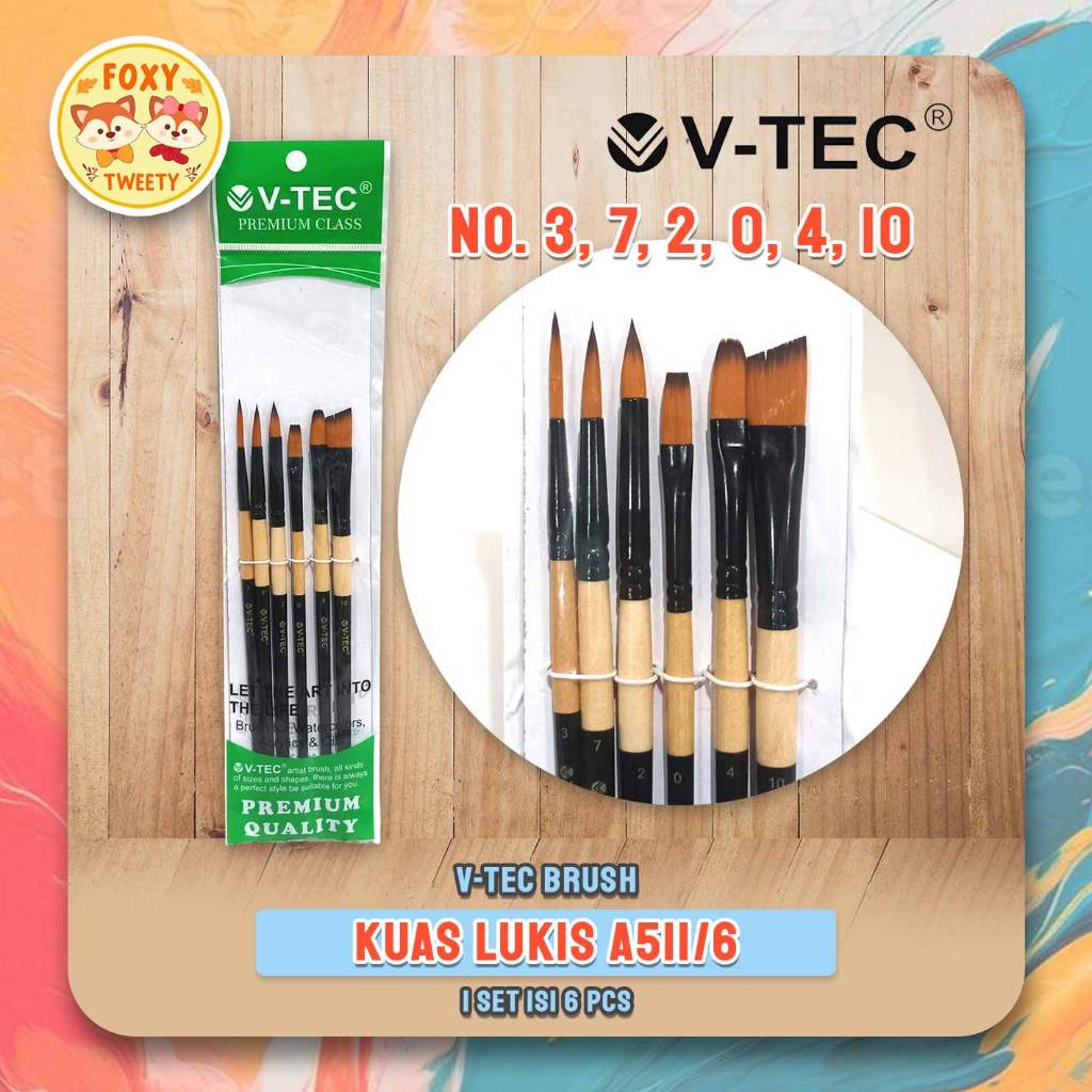 

Kuas V-TEC tipe A511/ 6 SET / Kuas Lukis VTEC / Brush for Watercolor Acrylic, Oil / 6 Ukuran V Tec No. 3 No. 7 No. 2 No. 0 No. 4 No. 10