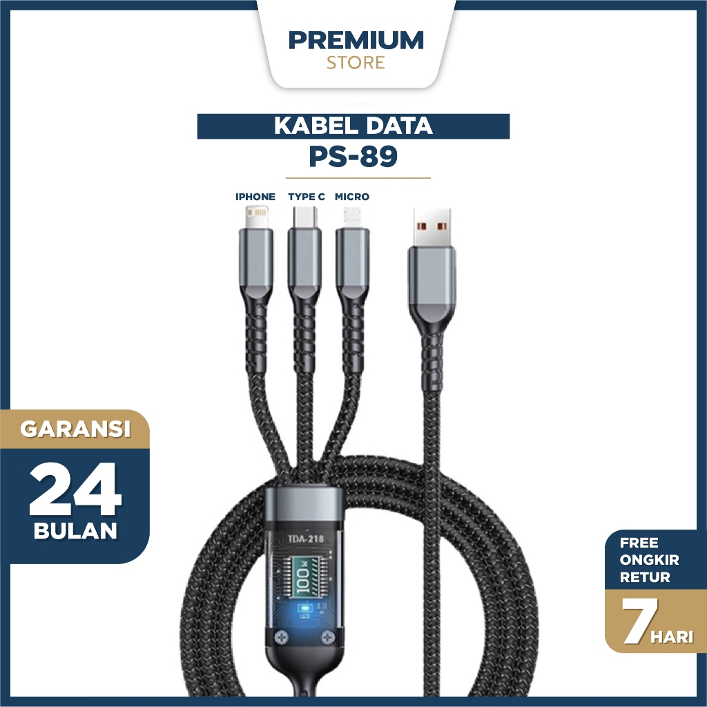 Kabel data PS-89 3 IN 1 pengisian cepat PD 100W cable charger TYPE C LIGHTNING dan MICRO Fast Chargi