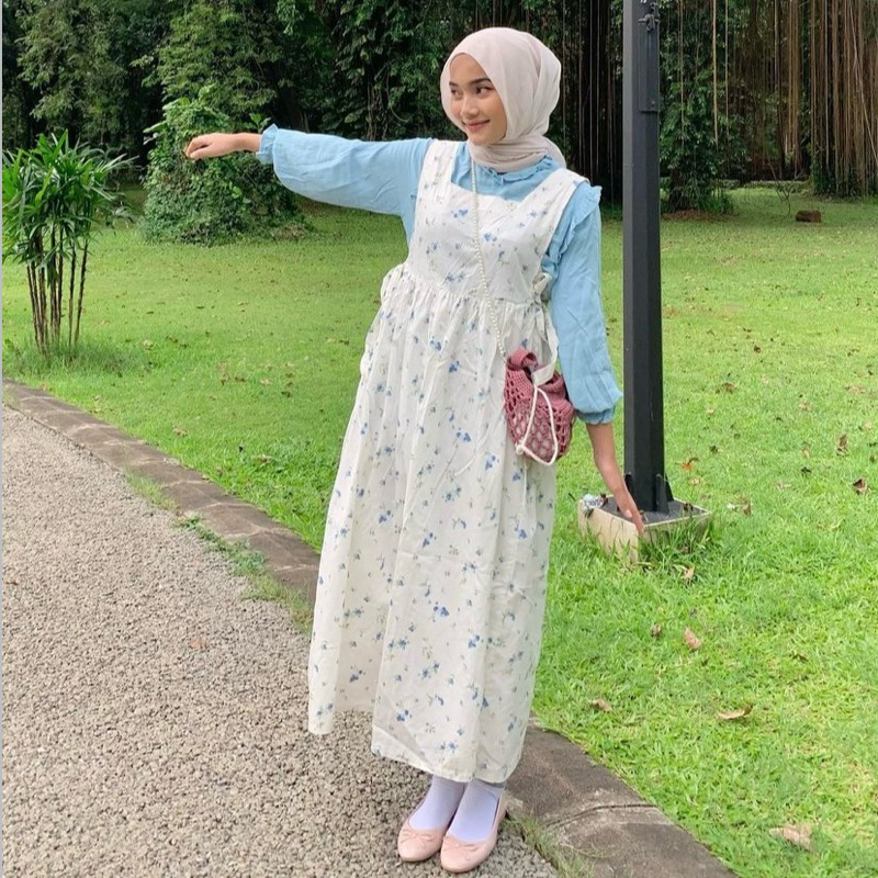 DRESS MIDI MOTIF BUNGA KOREAN STYLE |OVERALL DRESS MOTIF BUNGA