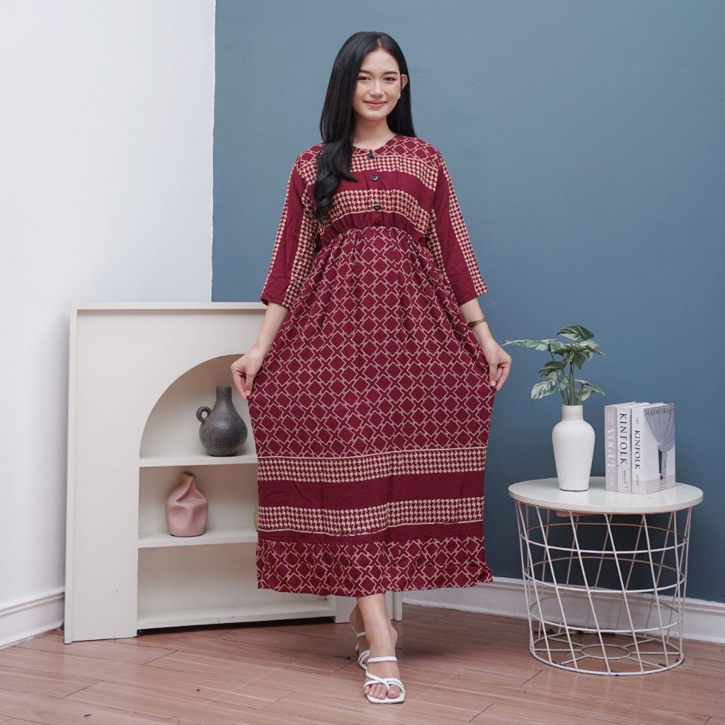 Daster Wanita Midi Dress Busui Lengan Panjang Karet Dada Bahan Rayon Kancing Depan Ld 110 Cm