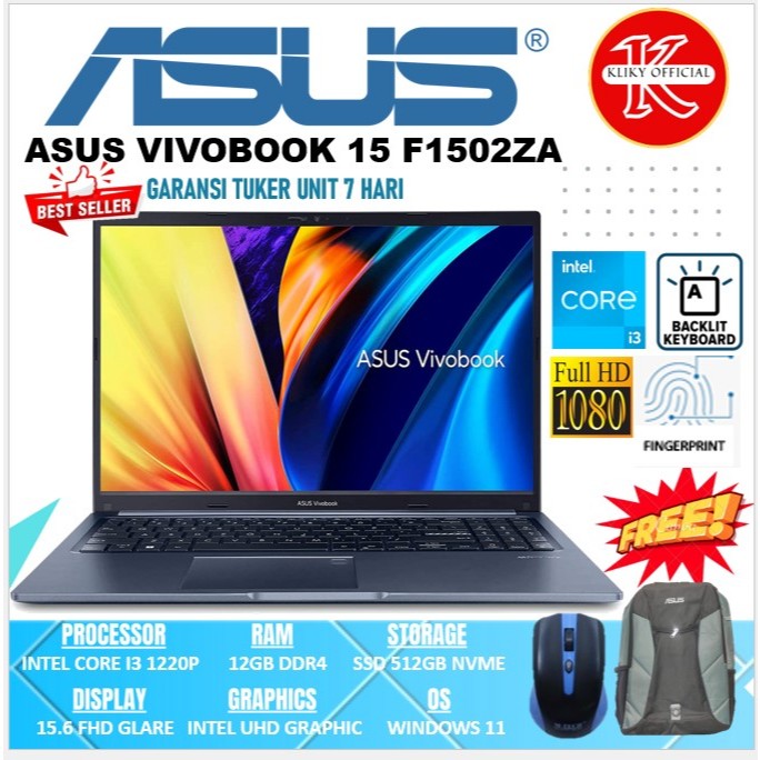Laptop Sekolah Asus Vivobook F1502ZA Core i3 Gen12 Ram 12Gb Ssd 512Gb Quiet Blue
