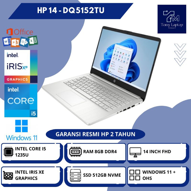 LAPTOP BARU HP 14 I5 1235/ INTEL CORE I5-1235U/ RAM 8GB DDR4/ SSD 512GB NVME/ 14INCH FHD - DQ5152TU