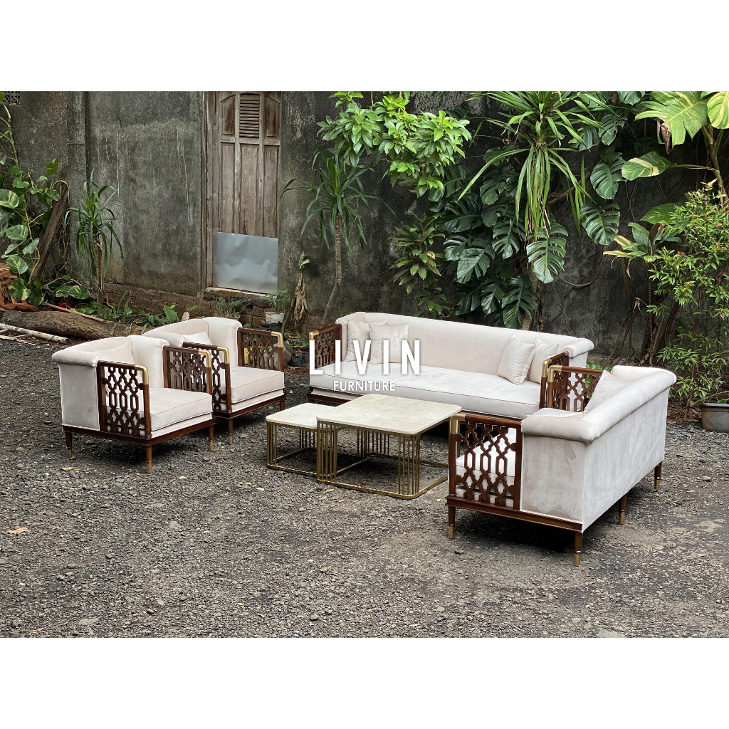 Kursi Sofa Tamu Caracole Jati 3211 + Meja Stainless Modern Minimalis