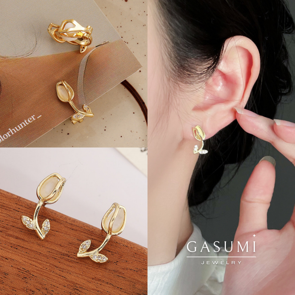 ROSIE - Anting Tanpa Tindik Jepit Bunga Kecil Elegan Wanita Emas Earclip Flower Rose Small Giwang Kl