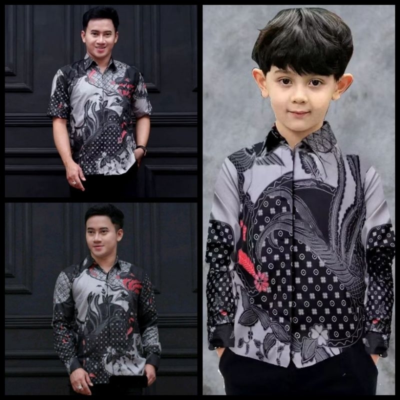COD - Batik couple ayah anak laki-laki kekinian motif gagak abu-Kemeja Batik Ayah Dan Anak Laki-laki