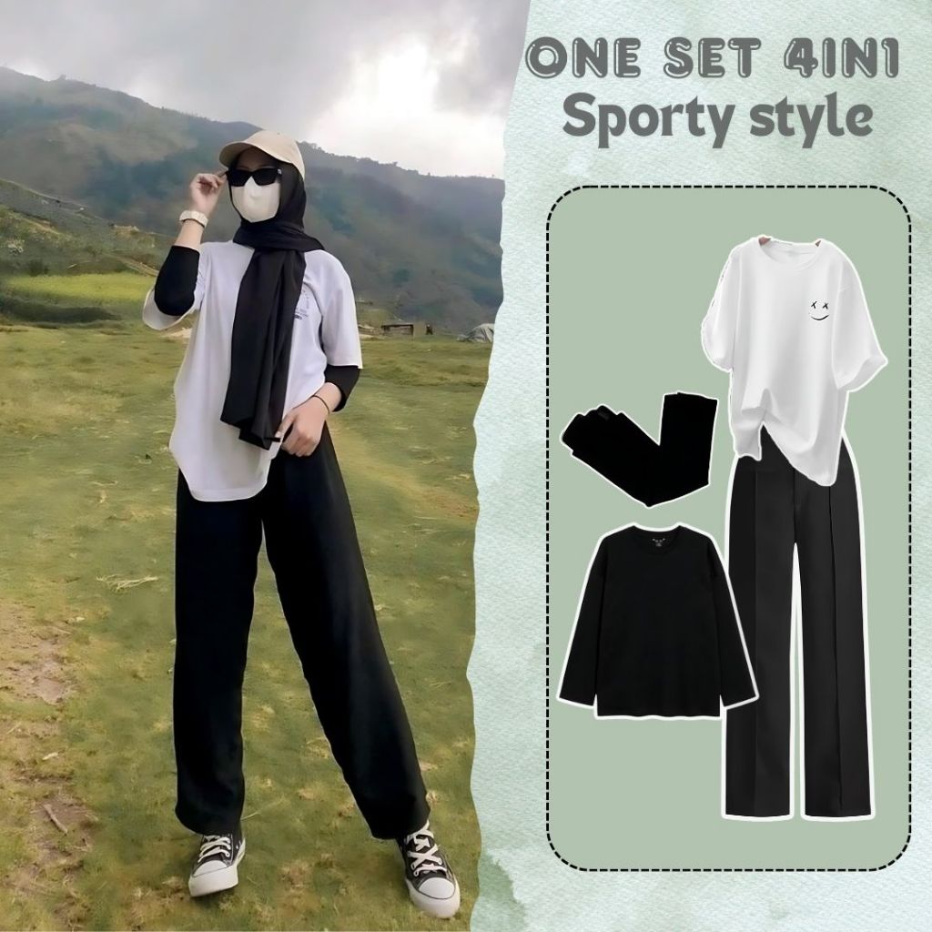 Setelan Wanita 4in1 Casual Style (Kaos Oversize Smile+Celana Kulot+Inner+Pasmina) Outfit Cewek Tombo