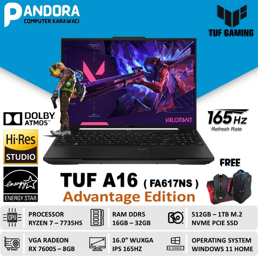 LAPTOP ASUS TUF GAMING A16 ADVANTAGE EDITION RYZEN 7 32GB 512GB RX 7600 165Hz