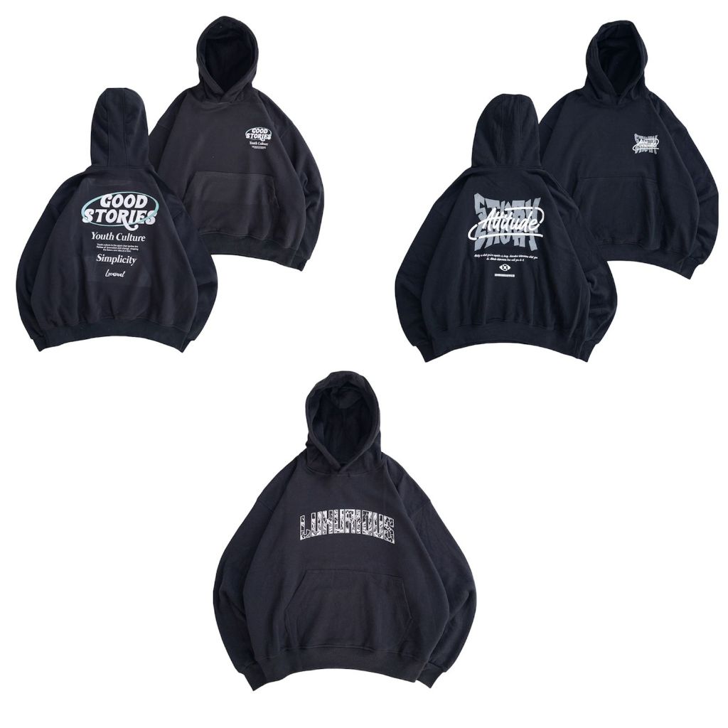 JAKET HOODIE GRAPHIC HITAM 'GOOD STORIES, LUXURIOUS ABSTRAK, ATTITUDE' [HD_6580]