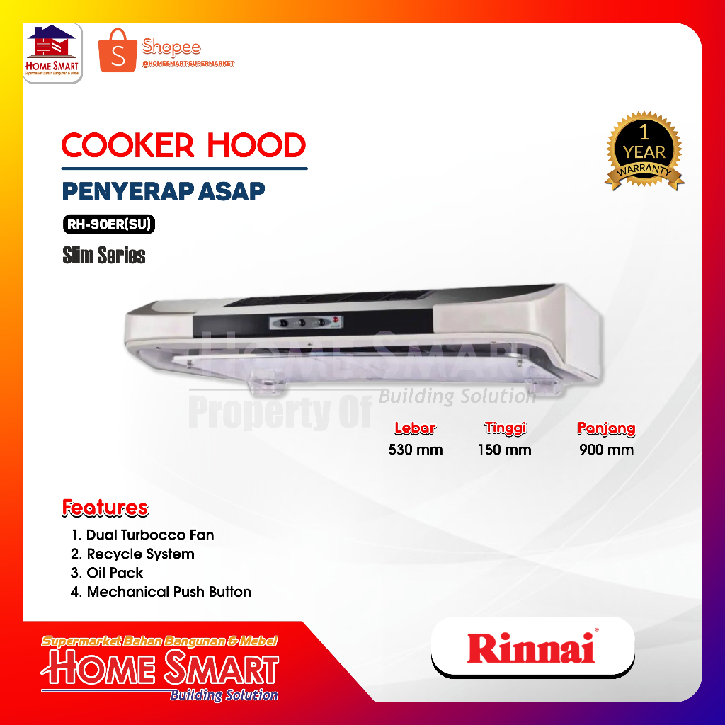 Cooker Hood Rinnai RH-90ER (SU) Slim Hood Penghisap Asap Kompor Silver