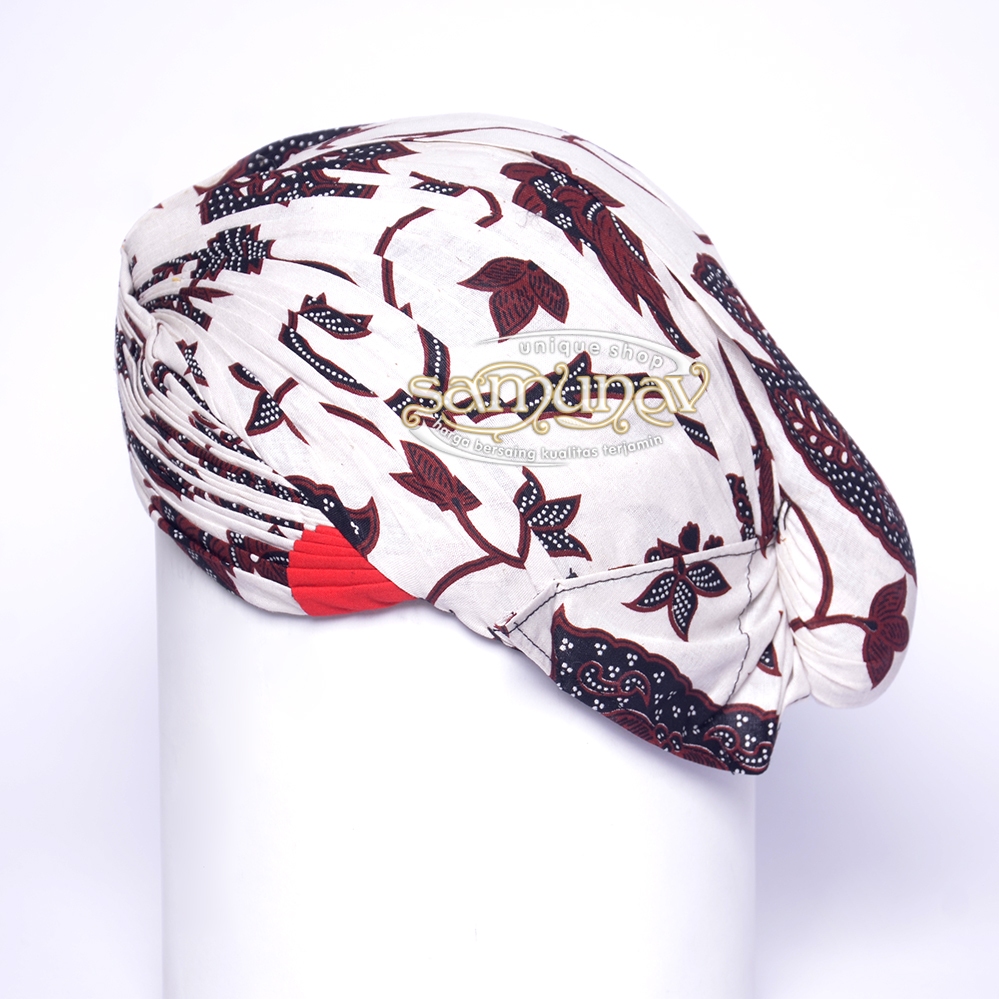 Blangkon Jogja Mataram Motif Wahyu Tumurun Putih sidangan merah