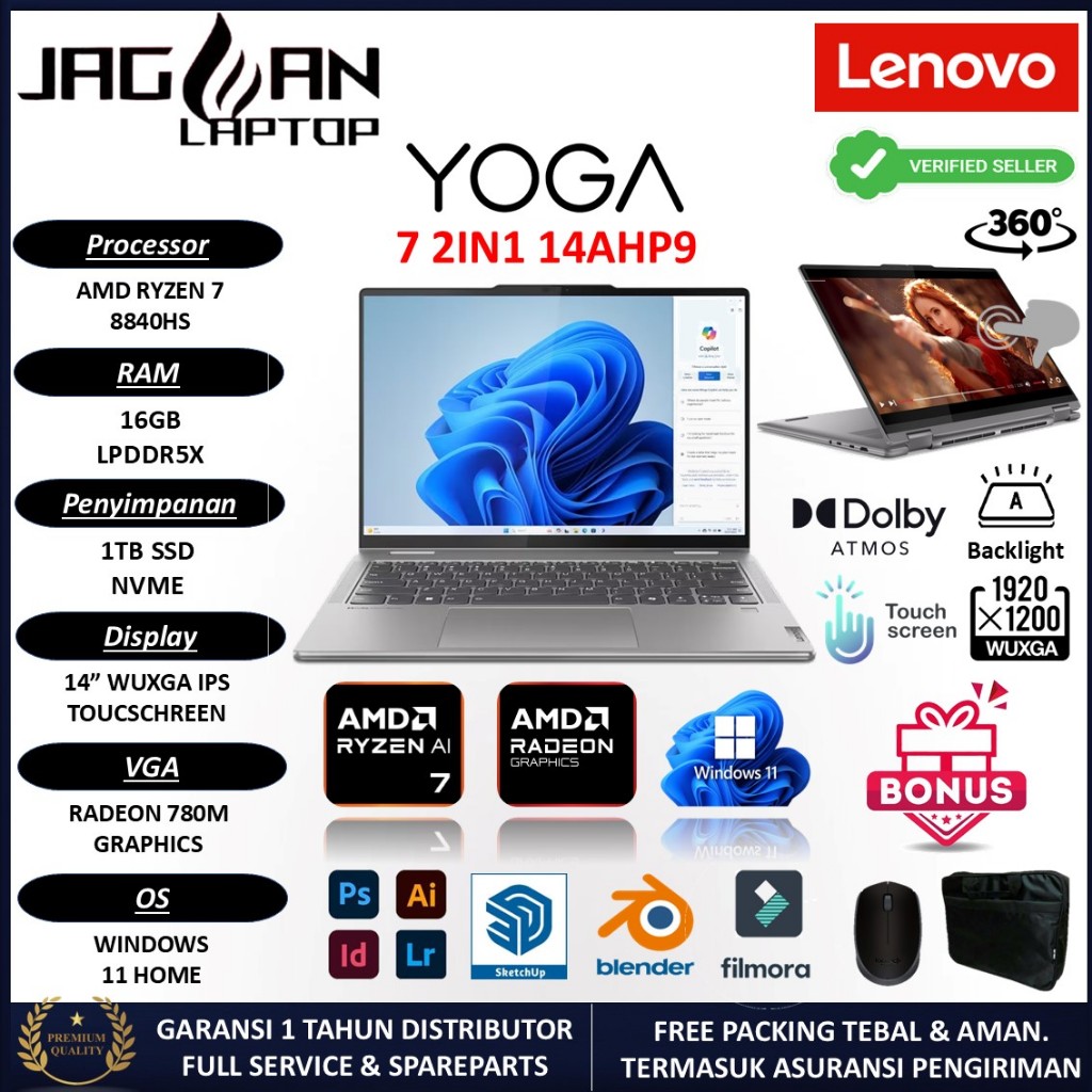 LAPTOP 2IN1 LENOVO YOGA 7 14 AMD RYZEN 7 8840HS 16GB 1TB SSD RADEON 780M WUXGA TOUCHSCREEN W11
