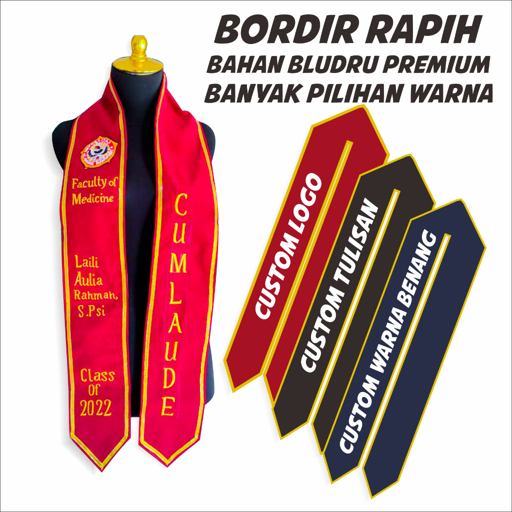 SELEMPANG WISUDA BORDIR NAMA DAN LOGO SELEMPANG WISUDA MODEL LEHER BORDIR LOGO SELEMPANG KAIN BELUDR