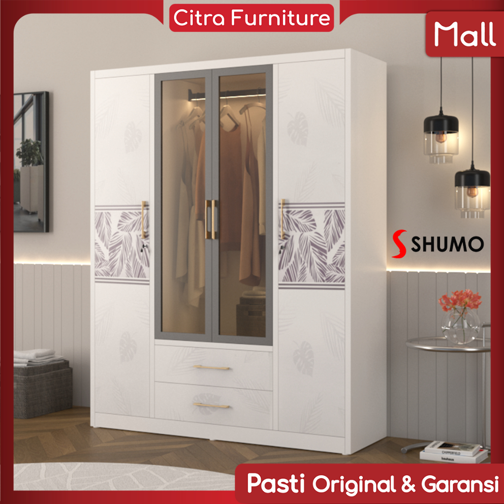 Citra Furniture SHUMO ® Lemari Pakaian Besi 4 Pintu Ayun Swing Minimalis Lampu LED