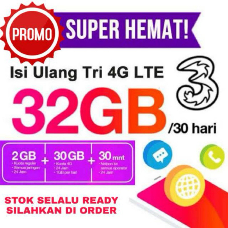 PROMO DISKON KUOTA UNLIMITED 3 32GB & 42GB 30 HARI SELURUH INDONESIA TANPA PEMBAGIAN WILAYAH