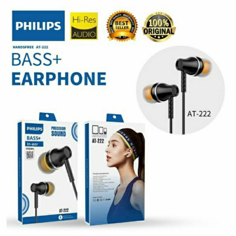 Hf Handsfree Earphone Headset AT222 / AT-222 /PHILIPS AT-222 The Natural Sound and Super Bass + Mic