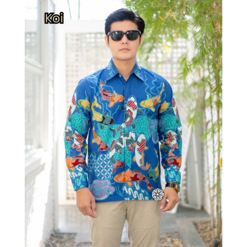 Kemeja Hem Batik Tulis Premium Motif IKAN KOI HEWAN HARIMAU Batik Modern Lengan Panjang Katun Primis