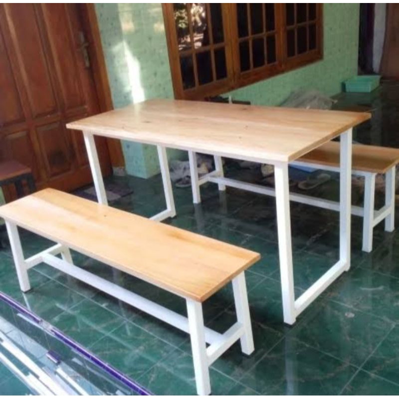 meja makan kaki besi + 2 kursi panjang