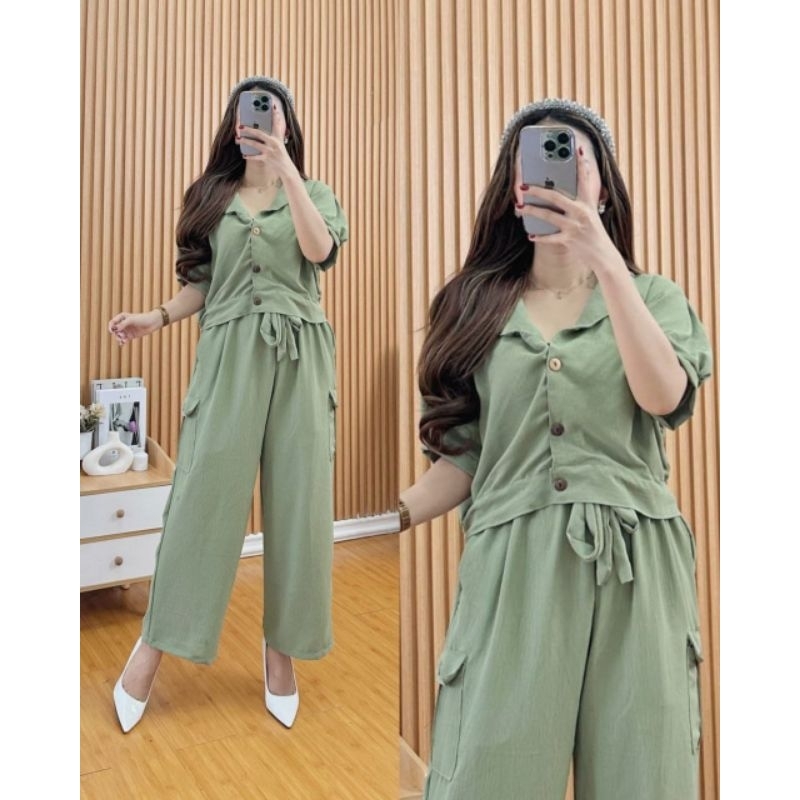 Gween cargo one set wanita/one set cargo wanita crinkle airflow