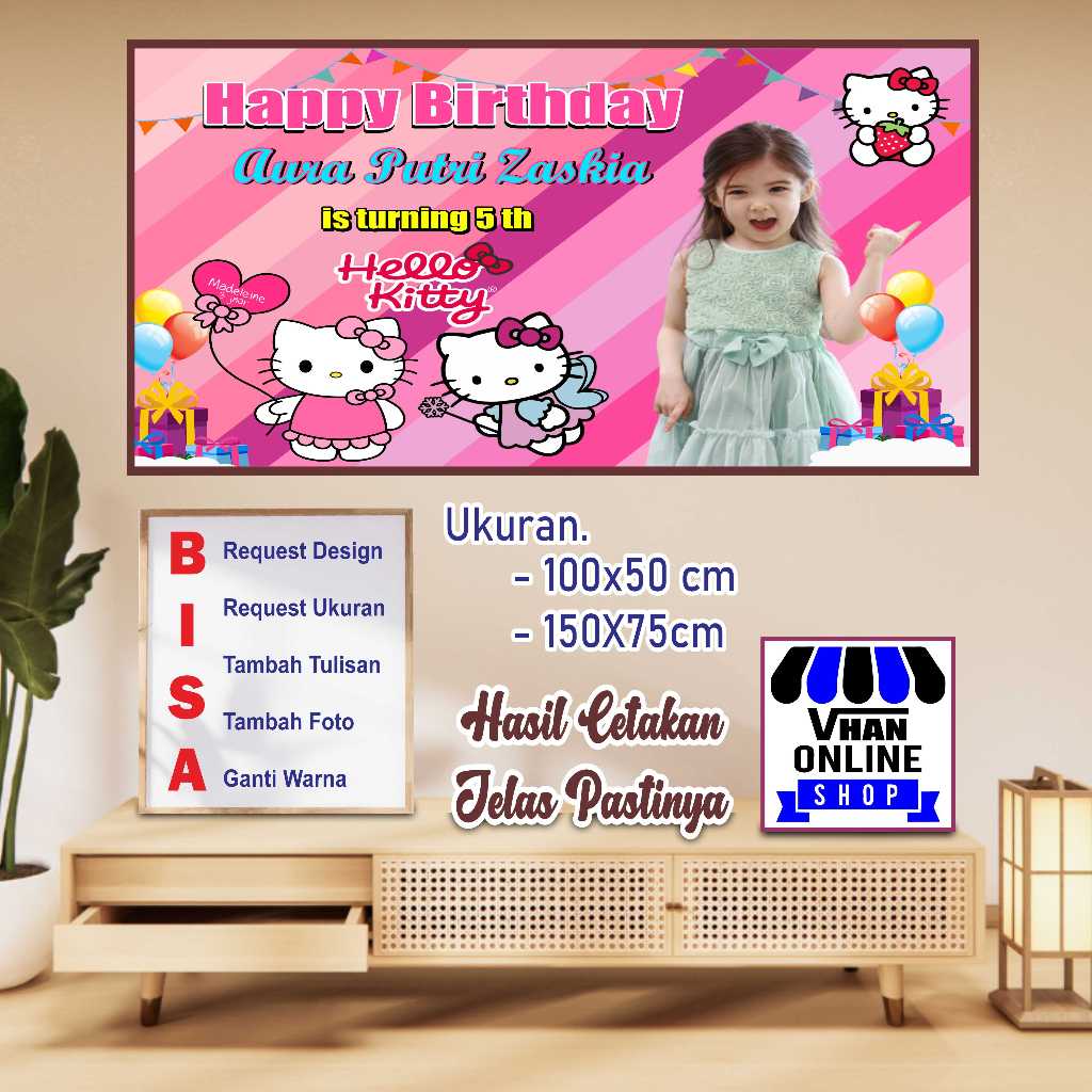 Custom Banner Spanduk MMT Untuk Ulang Tahun Anak Motif Hello Kitty