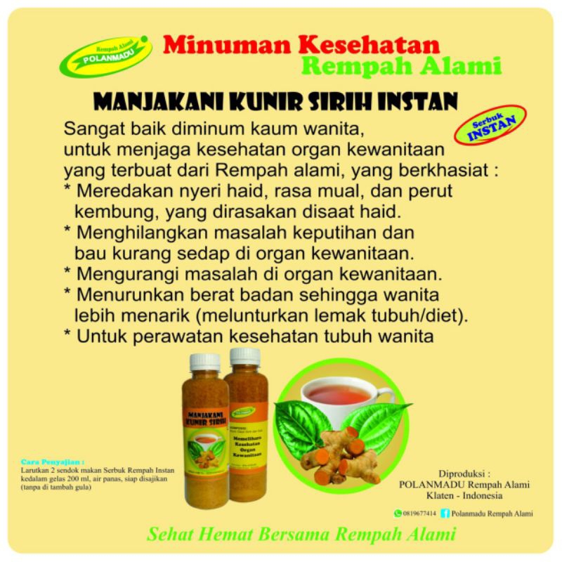 

Minuman Kesehatan Manjakani Kunir Sirih Polanmadu