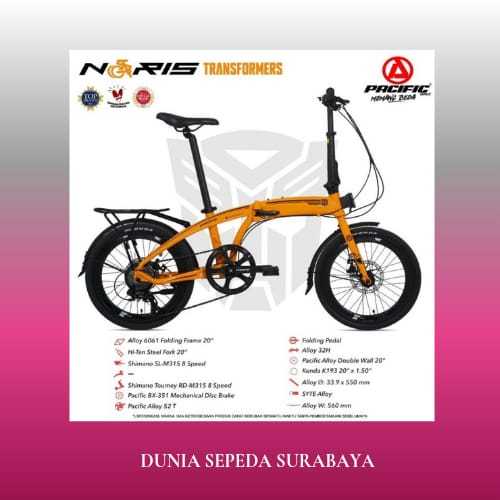 SEPEDA LIPAT 16 20 INCH PACIFIC NORIS 2.0 TRANSFORMERS ALLOY 8 SPEED TERBAIK