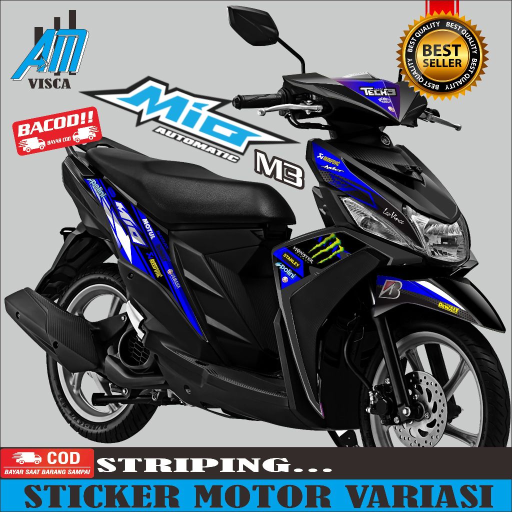 Striping Stiker Motor Yamaha Mio M3 125 Variasi Motif Monster Tech 1Set Kiri Kanan