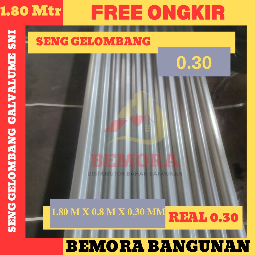 Seng Gelombang Galvanis SNI 180 x 80 x 0.30 mm Premium (Harga Grosir & Free Ongkir)