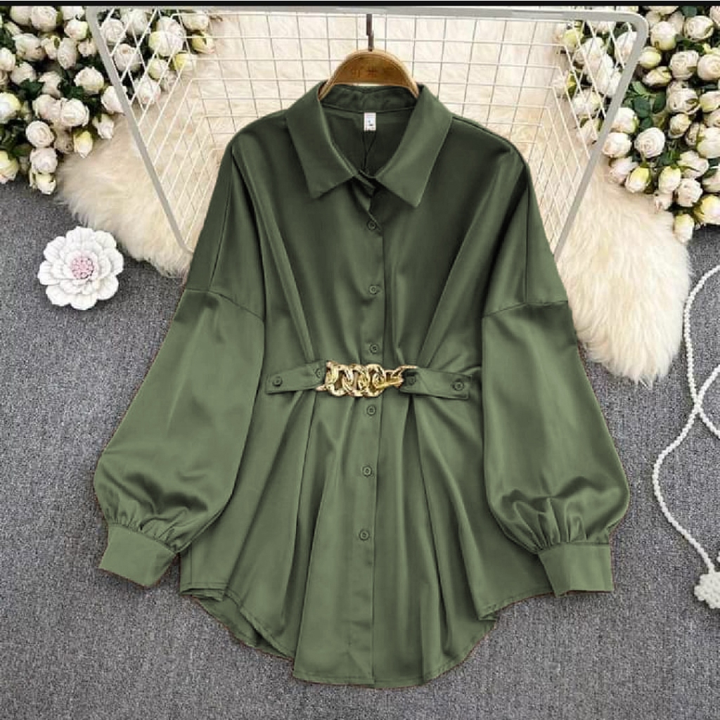 Kemeja Wanita Safaraz Kemeja Wanita Polos Motif Rantai Lengan Balon Korean Style Melda Oversize