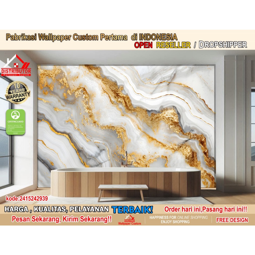 Wallpaper Custom 3D Tema Marmer | Wallpaper Bathroom | Wallpaper Kamar Mandi Marmer | Wallsticker | 