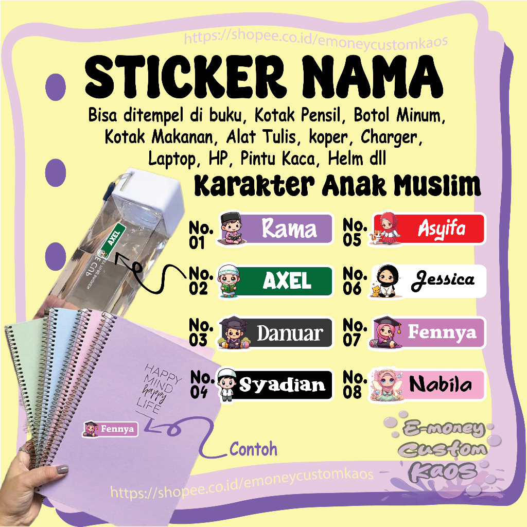 

STICKER LABEL NAMA CUSTOM ANAK MUSLIM STIKER LEBEL PREMIUM MURAH LUCU BISA TEMPEL DI BUKU KOTAK PENSIL HELM BOTOL MINUM KOTAK MAKANAN ALAT TULIS KOPER LAPTOP HP PINTU KACA