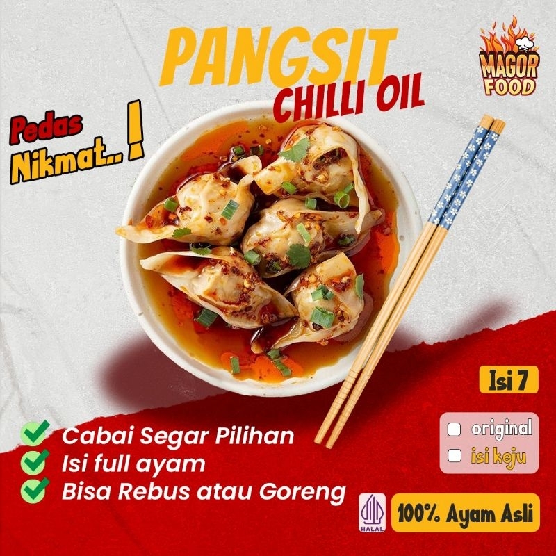 

MAGOR FOOD PANGSIT AYAM CHILI OIL FROZEN FULL DAGING AYAM WANGI PEDAS GURIH