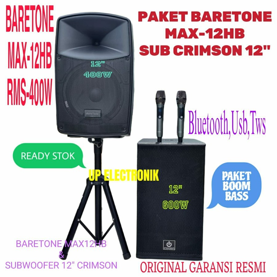 Paket Sound System Speaker Portable 12 Inch BARETONE MAX12HB+Subwoofer Aktif Crimson CR 1288X 12 Inc