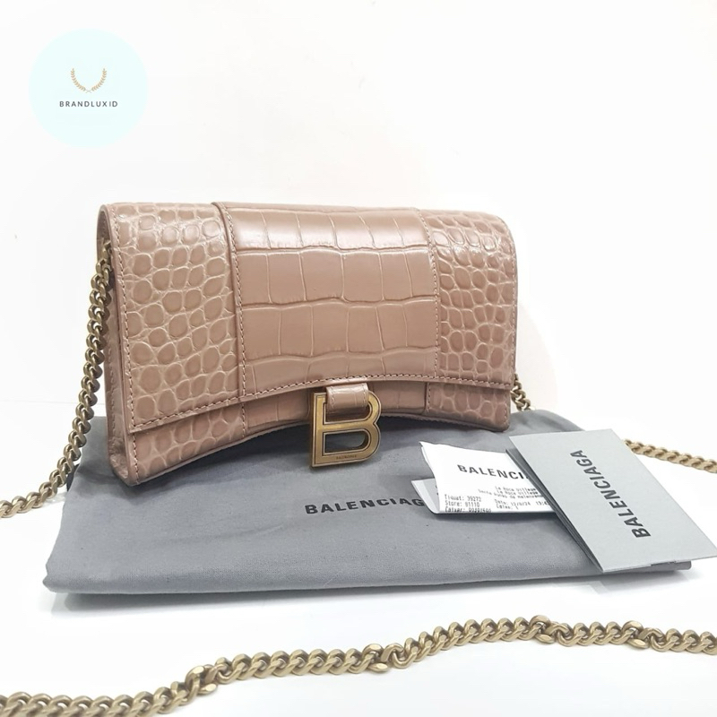 Balenciaga Hourglass WOC wallet on chain croco leather GHW Nude Taupe Beige Cream