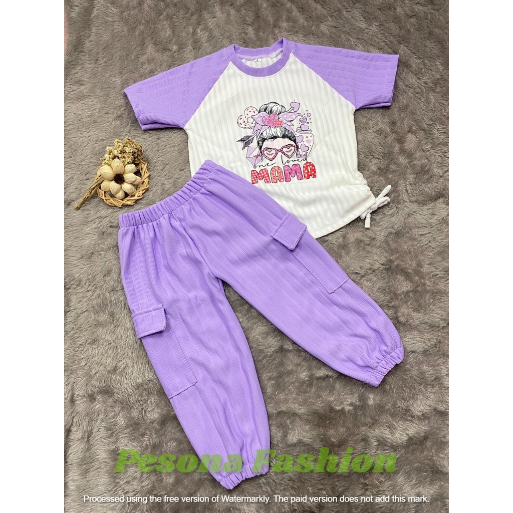 One set cargo anak perempuan motif mama usia 2-12 tahun Setelan baju kekinian anak perempuan