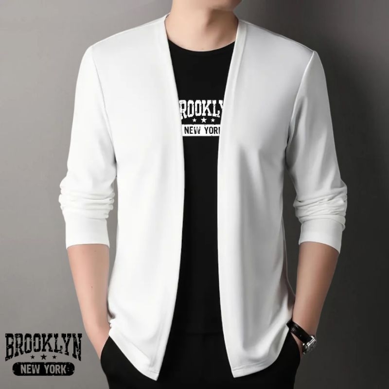 Kaos Lengan Panjang Cardigan V-neck Atasan Rajut Pria Jahitan Mode Dua Badan Aktif Cowok Pull Over T