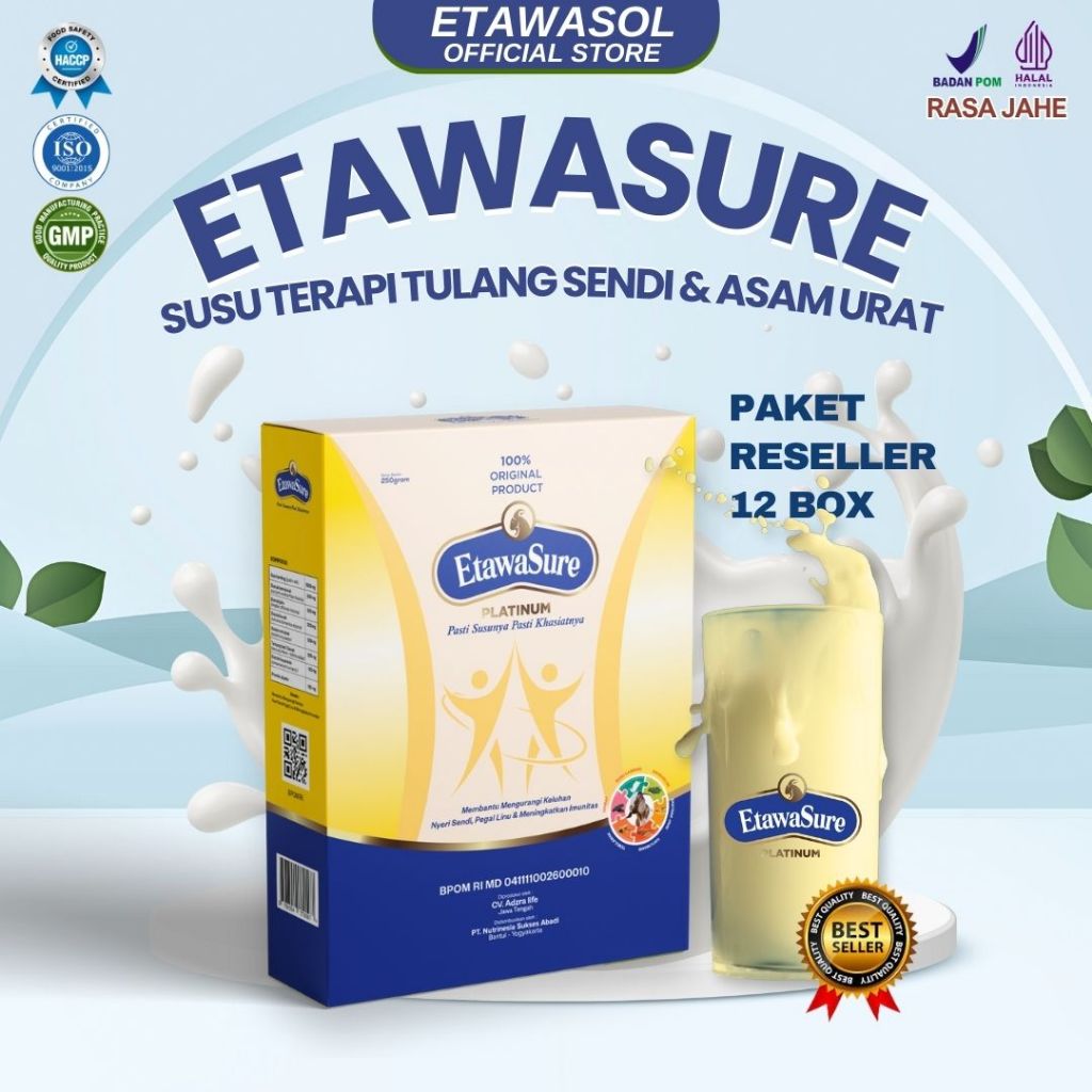 

Etawasure Platinum Susu Kambing Etawa Untuk Pegal Linu, Asam Urat, Nyeri Sendi dan Pernafasan Rasa Jahe Kemasan 250gr Paket 12 Box