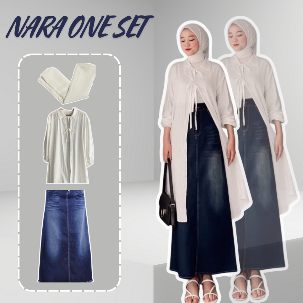 Setelan Nara One Set OOTD Kekinian Outer Tunik +Rok Jeans Span + Hijab Segiempat Outfit Kampus