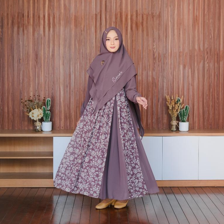 ALANA AZKIN Gamis Ceruty Motif Set Khimar ORI By Bermerks Syar'i Premium Terbaru All Size