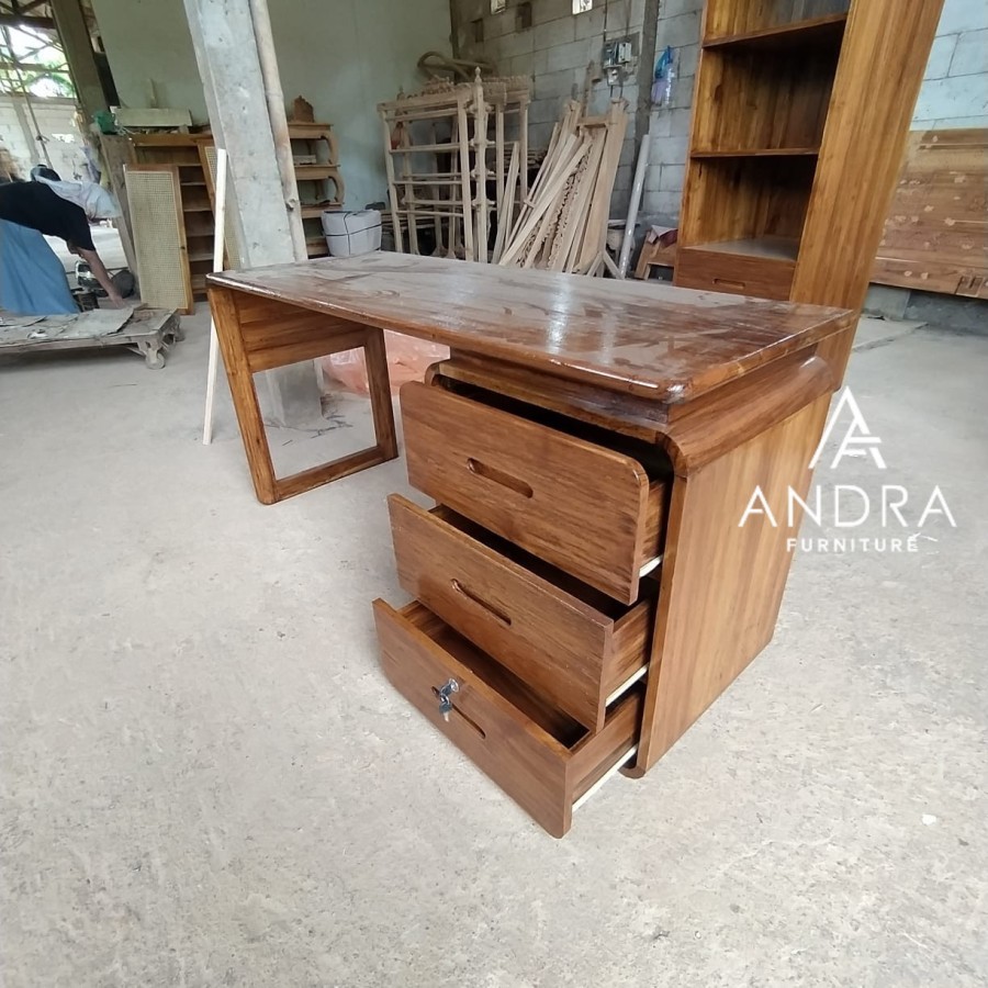 meja kantor minimalis kayu jati, meja belajar minimalis modern 3 laci rel besi