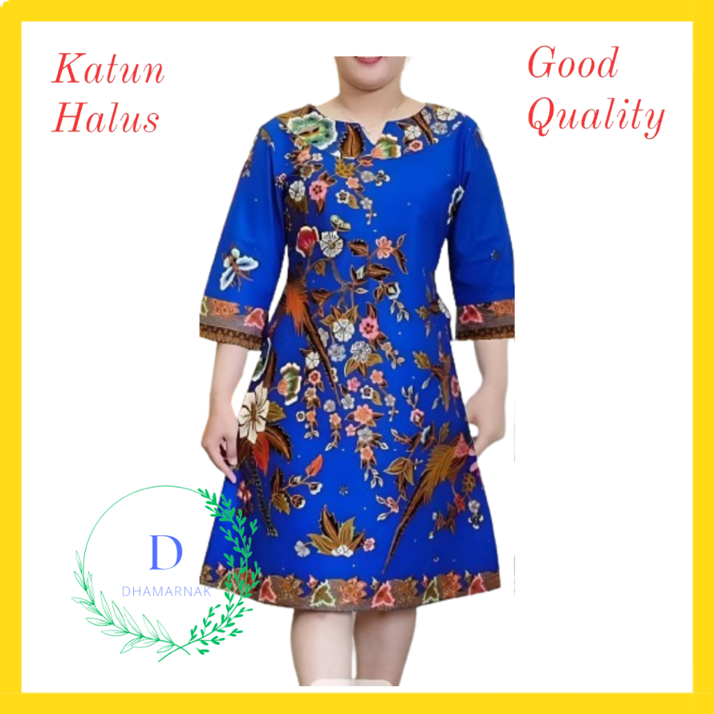 Tunik Wanita Motif Batik Bunga Katun Halus Seragaman Casual Fashion Dress Midi Modern