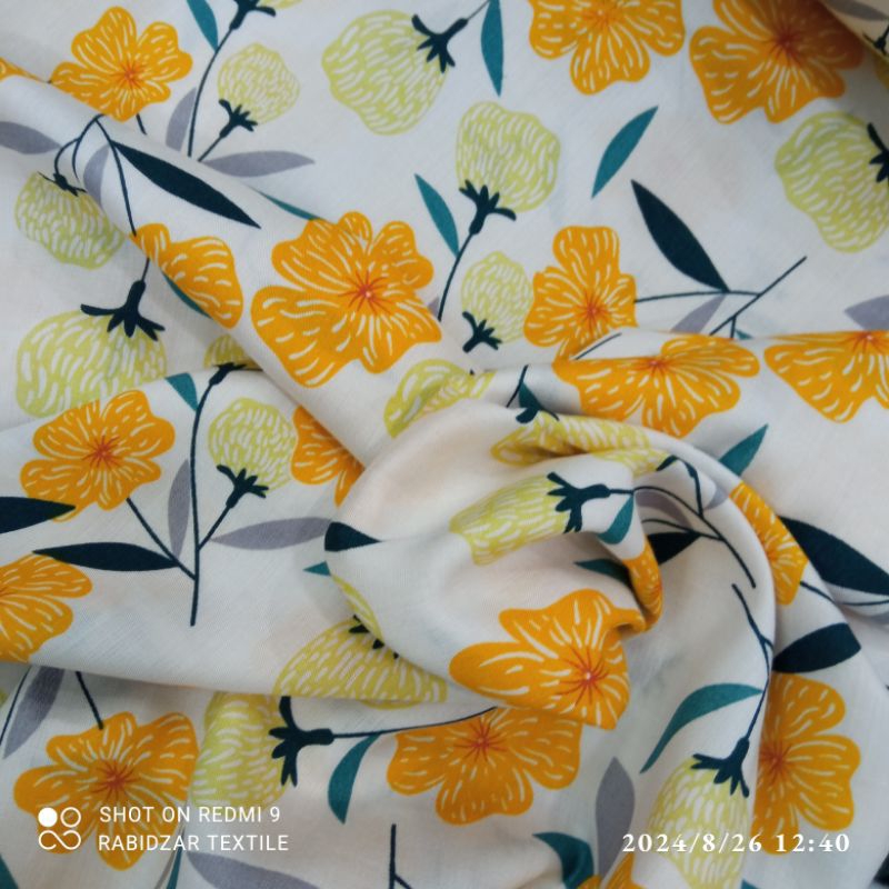 KAIN KATUN RAYON PREMIUM GARMENT MOTIF BUNGA OREN KUNING