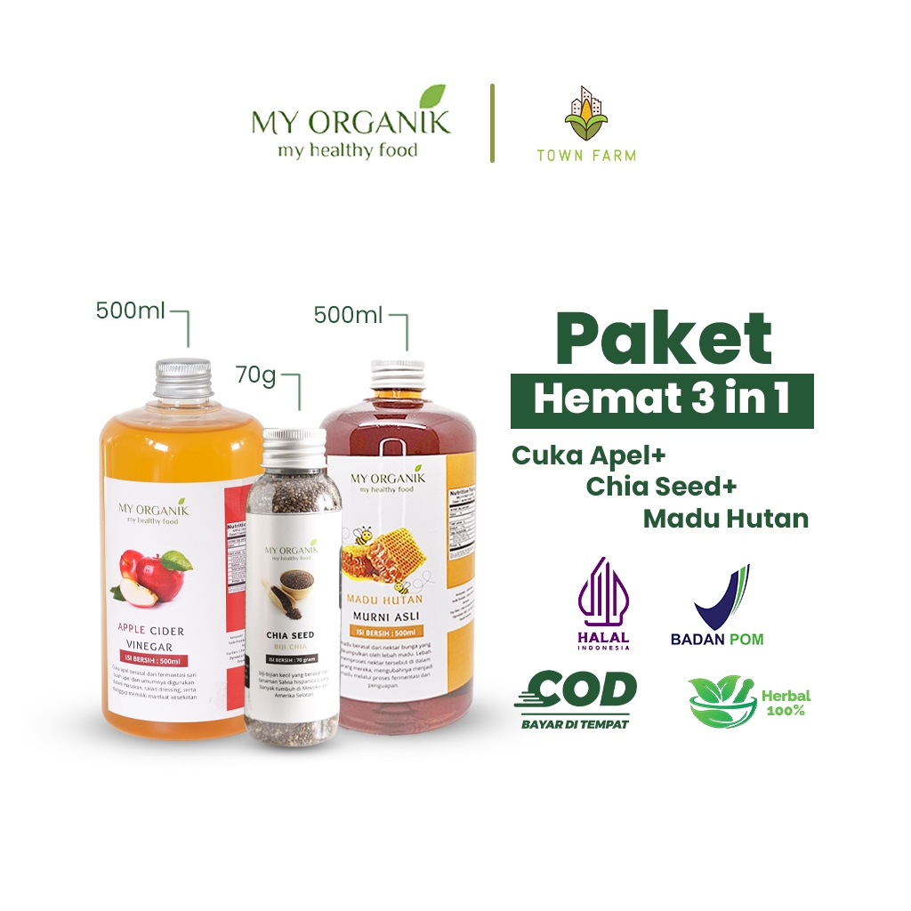 

My Organik Paket Hemat 3in1 Cuka Apel Apple Cider Vinegar Chia Seed Madu Hutan Murni 100%