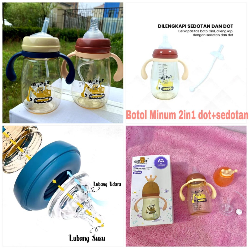 Botol 2 IN 1 Dot dan sedotan Botol Minum Anak Bayi Karakter rabbit Bear Tutup Clip Isi 300ML Bahan J