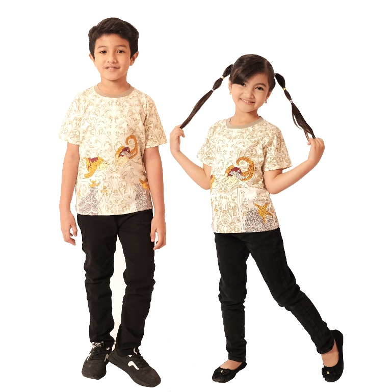 KLAMBEN Kaos Oblong Anak Unisex Batik Wayang Arjuna Srikandi Putih Tulang
