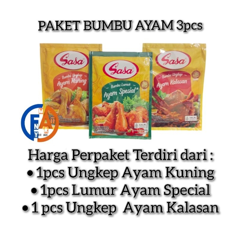 

( Isi 3 Sachet) Sasa Bumbu Masak Ungkep Lumur Ayam ( Paket Mix 1pcs Ayam Spesial + 1pcs Ayam Kalasan +1pcs Ayam Kuning )