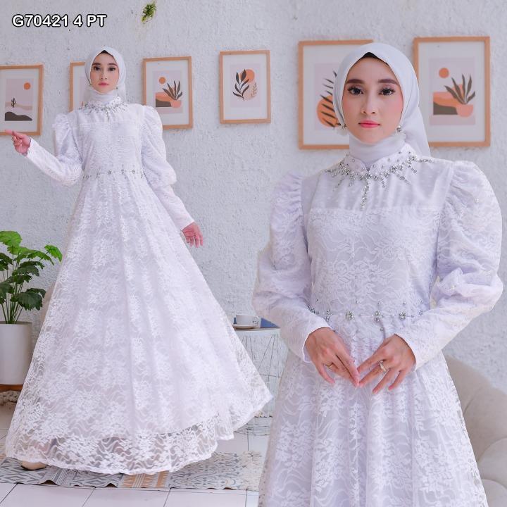 Gamis Brokat Kombinasi Tile Mutiara 70421 4 Baju Muslim Vima Mewah